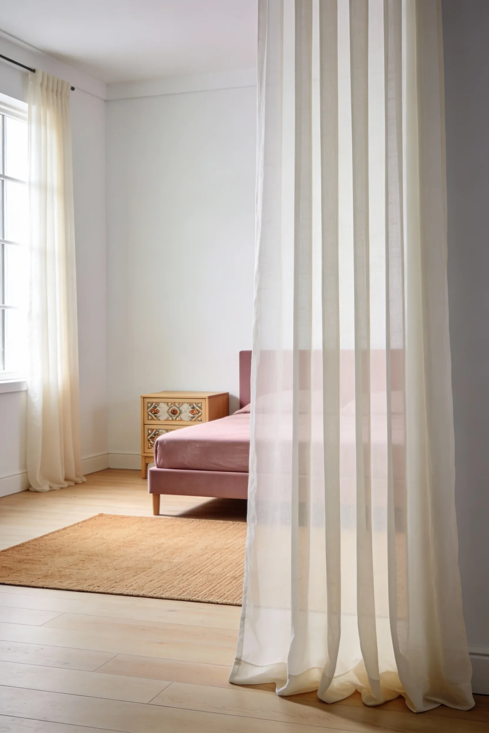 Sheer ivory curtains softly filtering light in a serene pink bedroom.