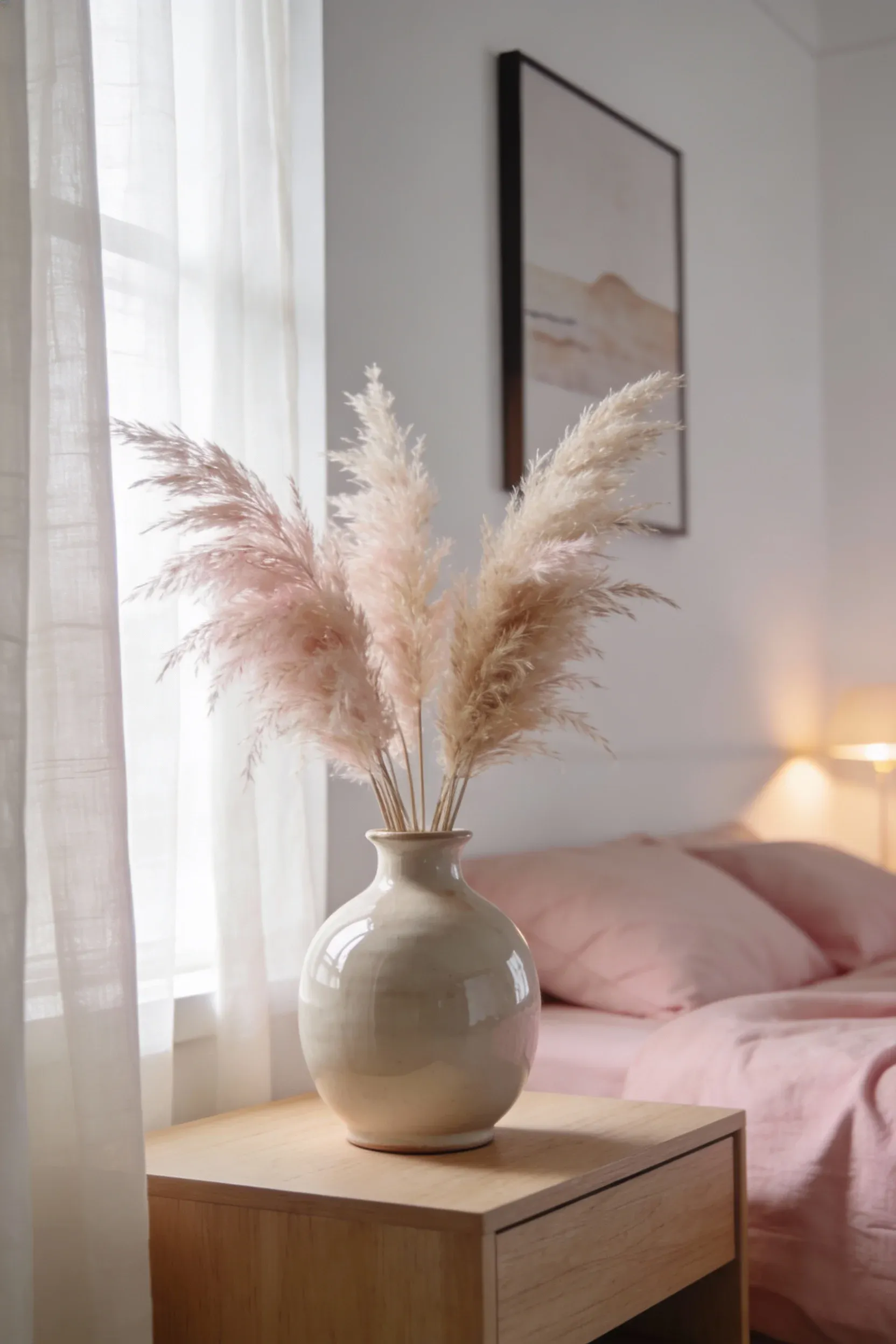 A decorative ceramic vase filled with pampas grass on a nightstand in a serene pink-themed bedroom.
