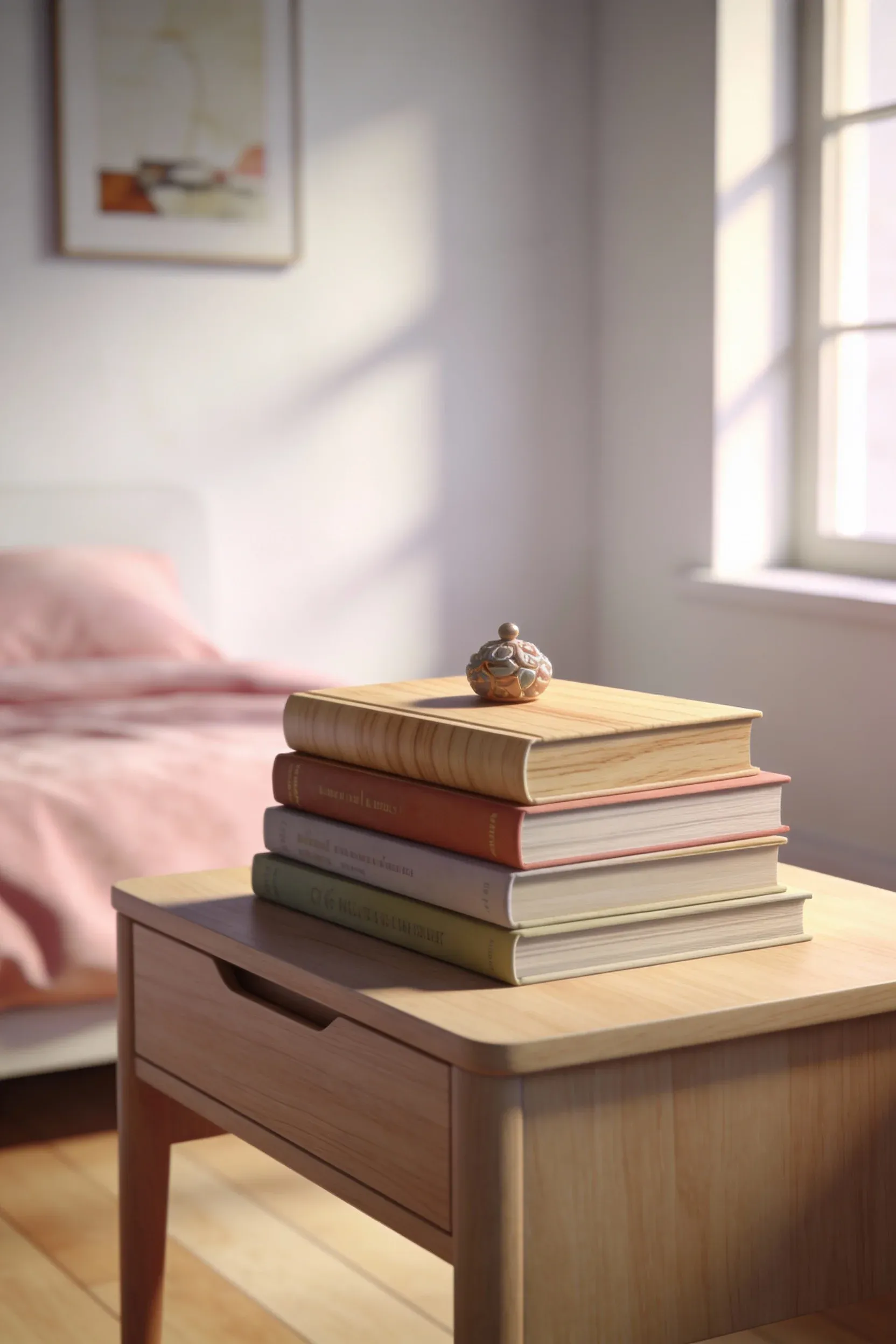 A stack of books on a nightstand, topped with a decorative object in a cozy pink-themed bedroom.