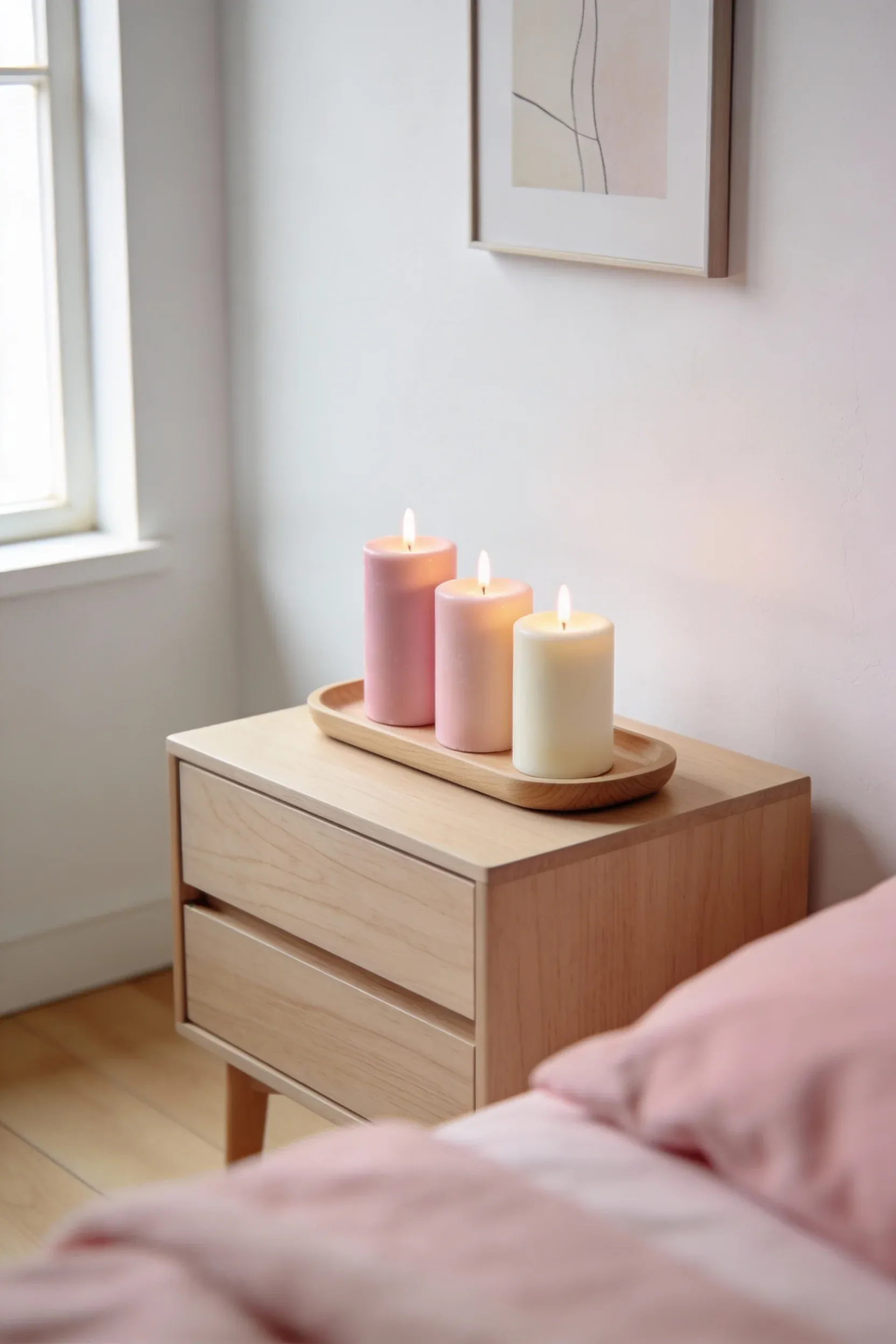 A minimal candle tray with soft pink and cream candles on a nightstand in a serene pink-themed bedroom.