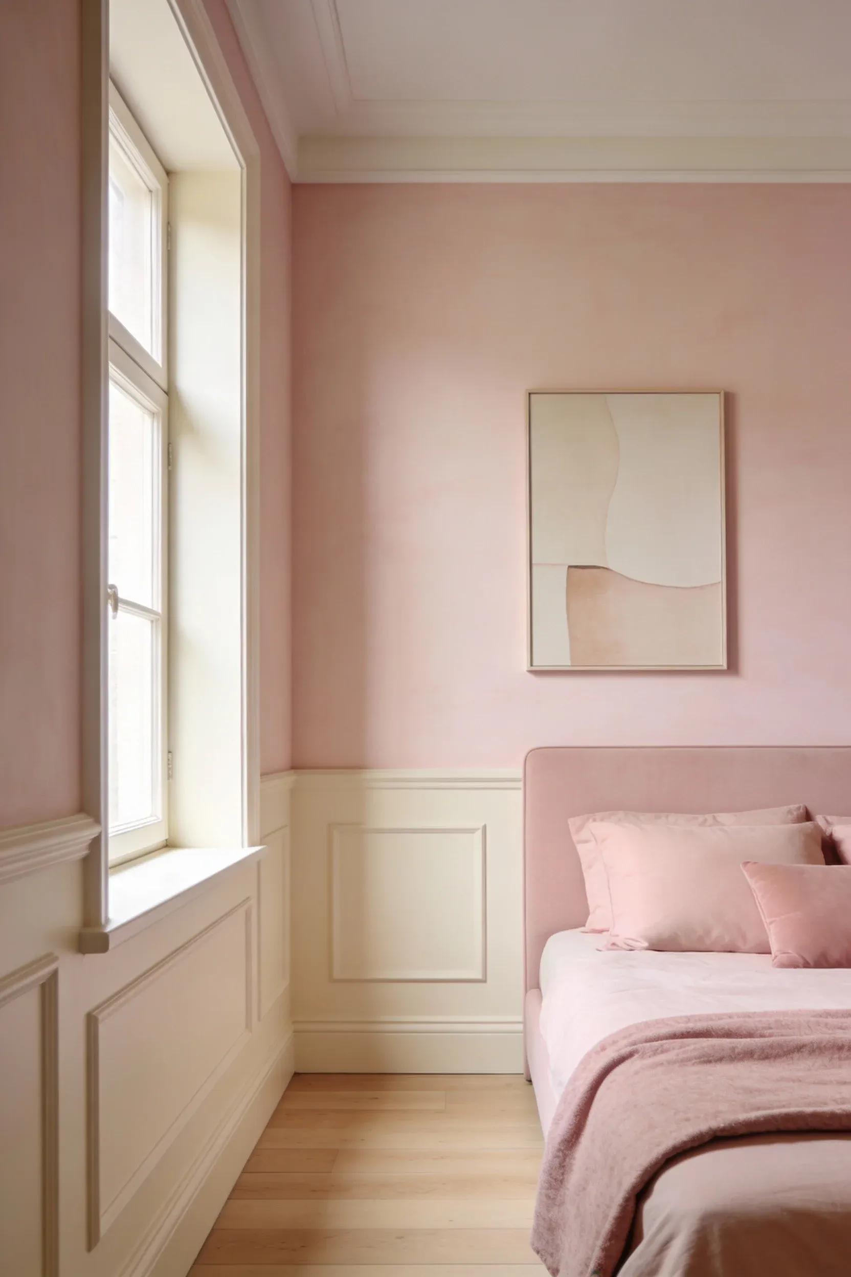 A serene bedroom featuring a cream and pink color palette with soft walls and cozy decor.