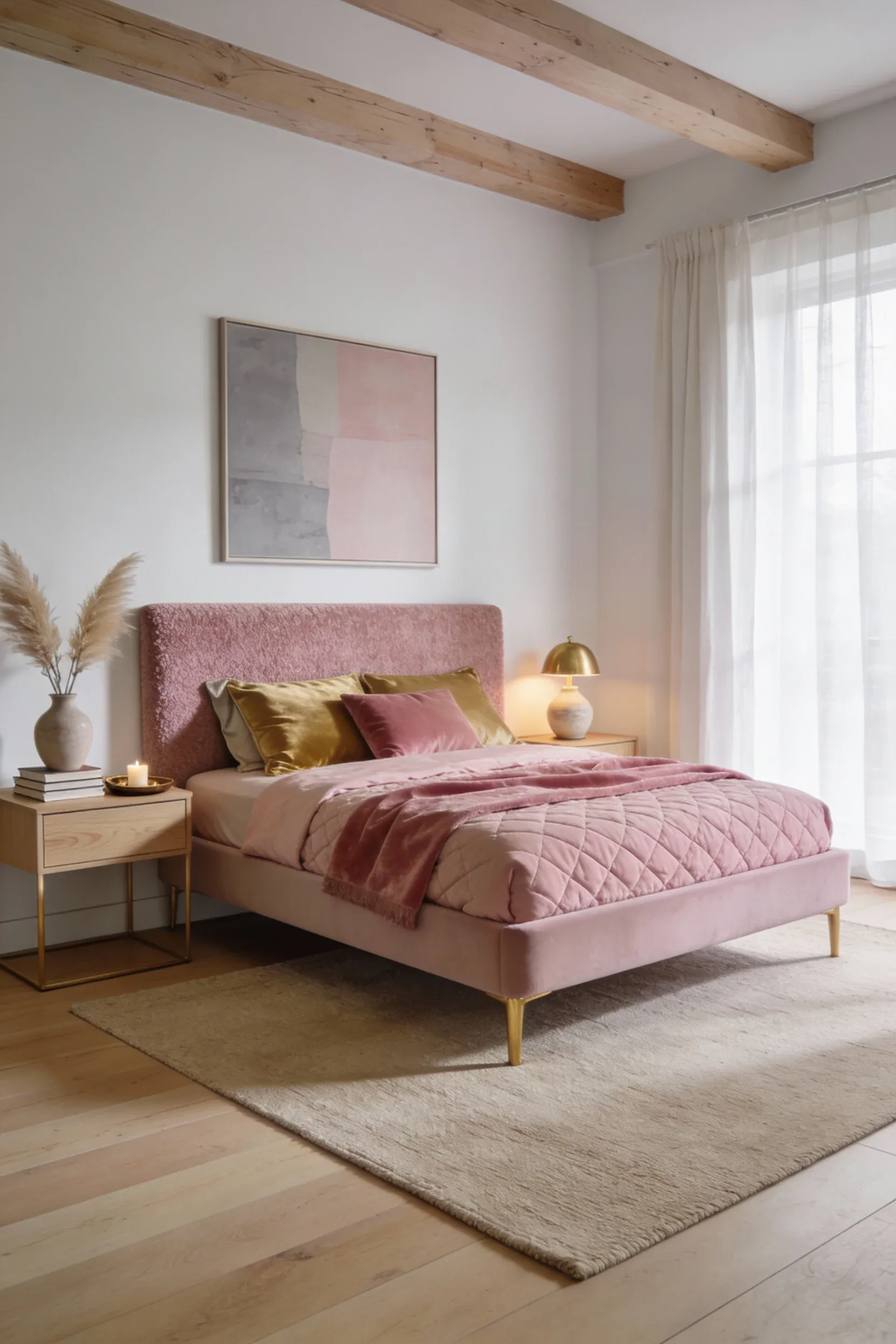 A serene pink bedroom featuring symmetrical nightstands and soft lighting.