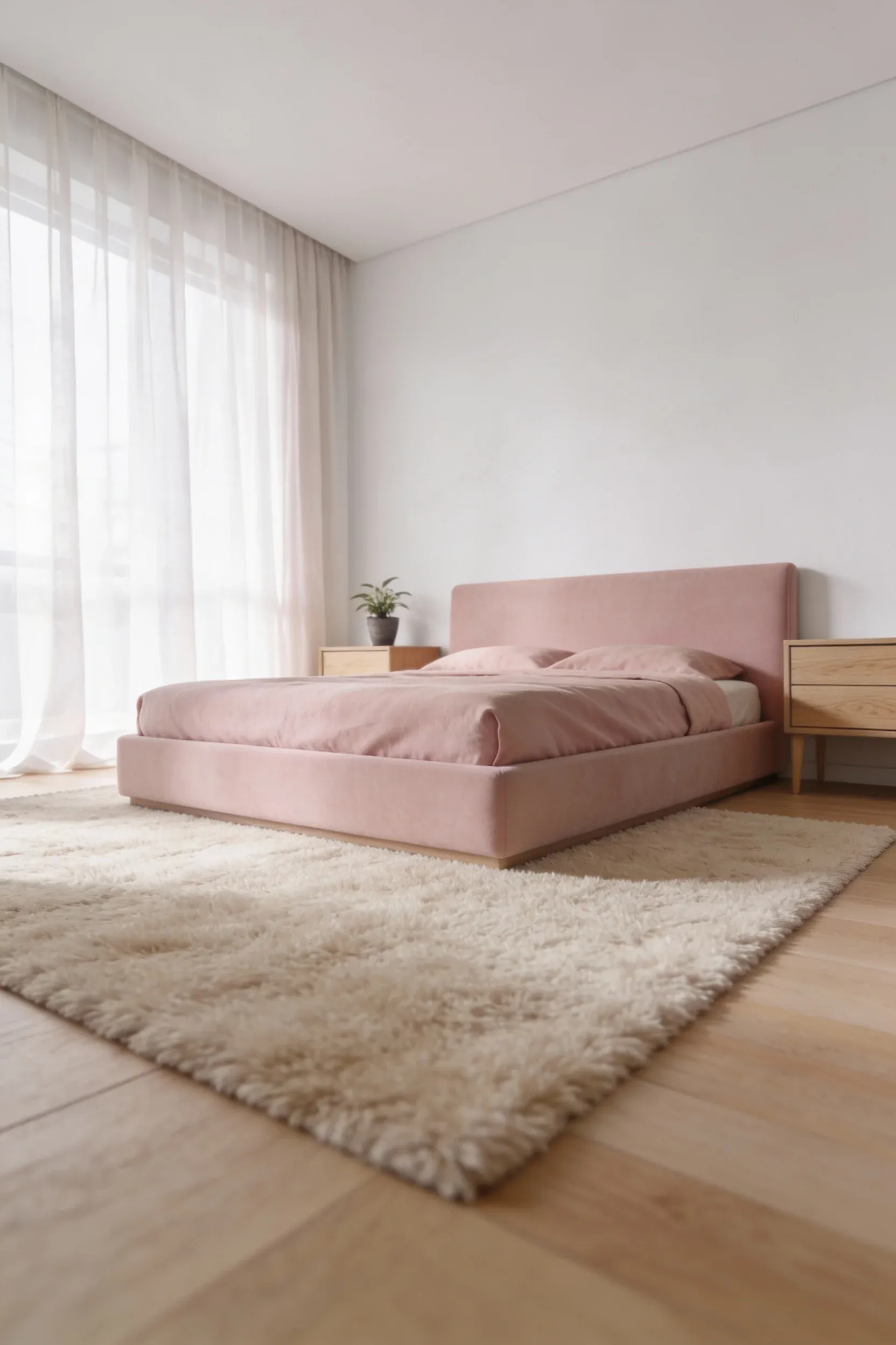 A bright pink bedroom featuring floor-to-ceiling curtains for a light and airy atmosphere.