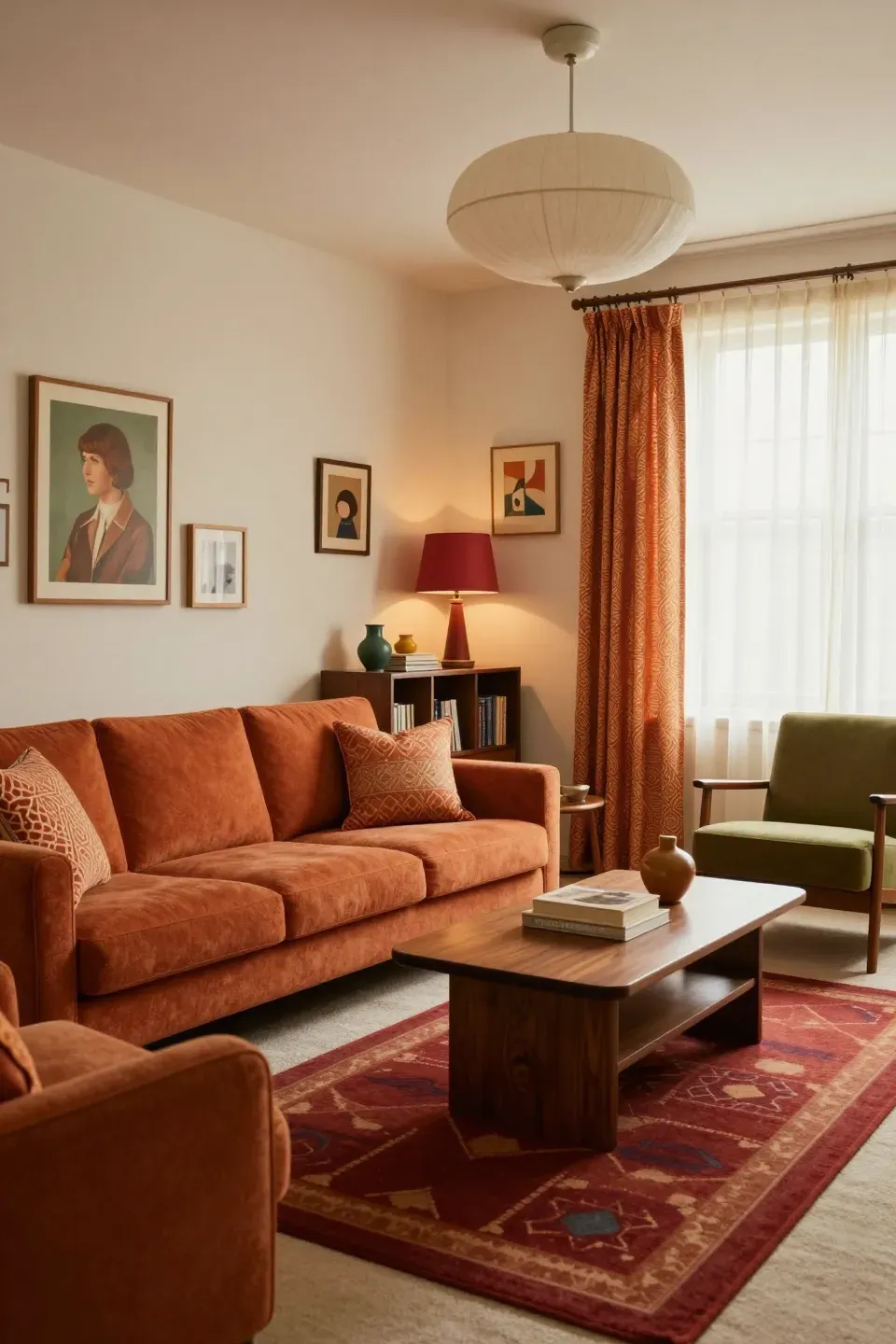 Cozy 1970s-inspired living room featuring a burnt-orange chenille sofa.