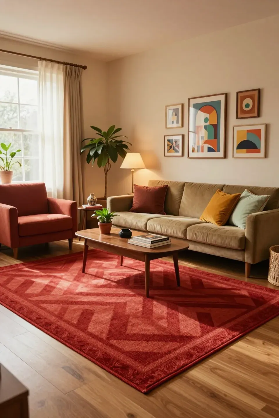 Vibrant living room featuring a geometric red area rug under a mid-century sofa.
