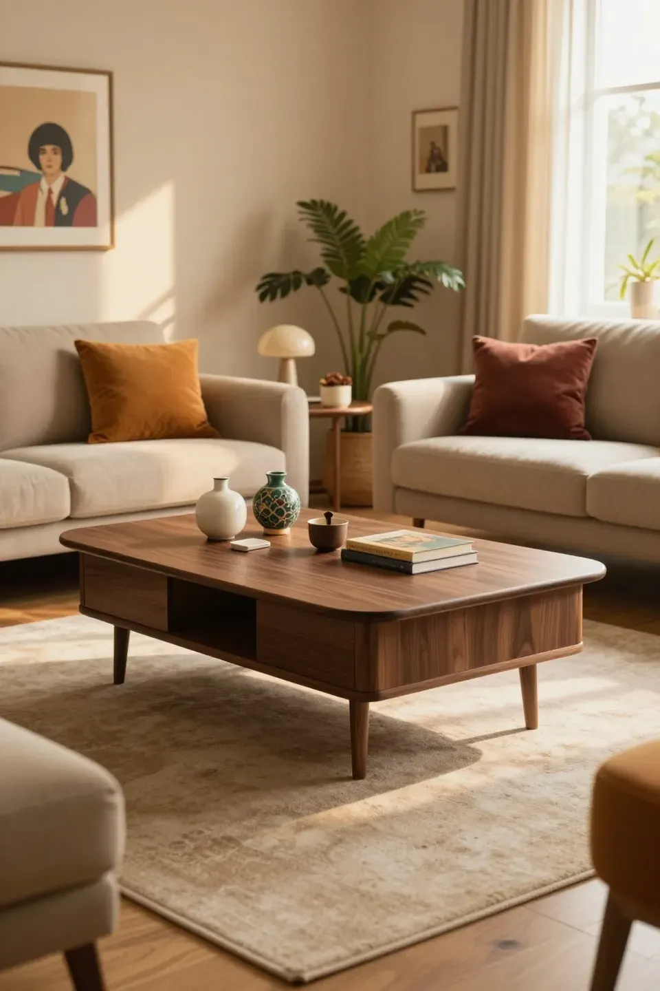 Stylish walnut coffee table with rounded corners in a cozy living room setting.