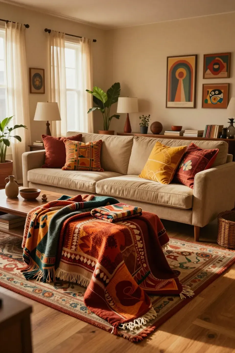 Cozy living room featuring layered textiles with bold patterns and vibrant colors.