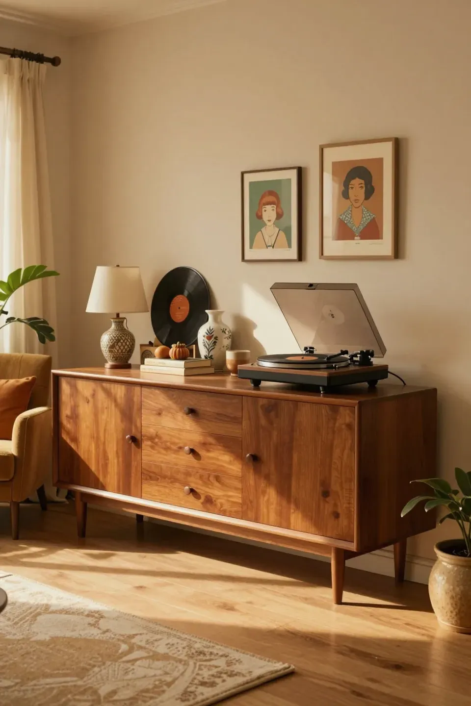 Stylish vintage credenza with a turntable and decorative items in a cozy living room.