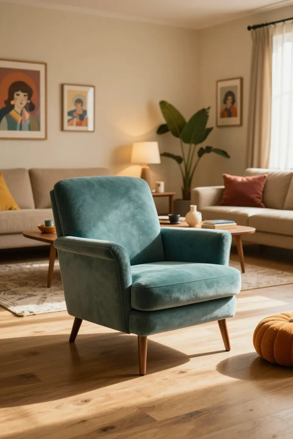 Stylish accent chair with mid-century vibe in a cozy living room setting.