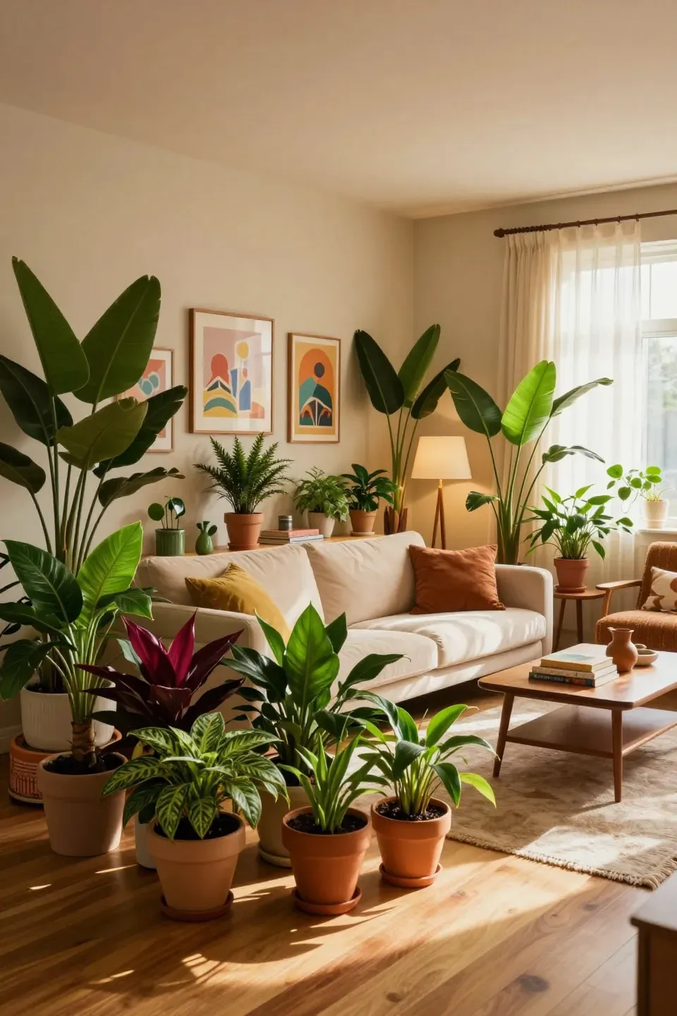 Vibrant collection of indoor plants enhancing a cozy living room decor.