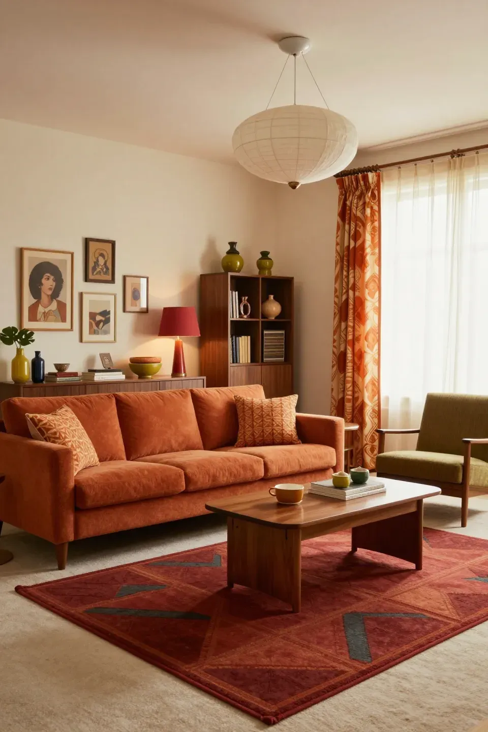 A cozy 1970s-inspired living room featuring a gallery wall of framed art.