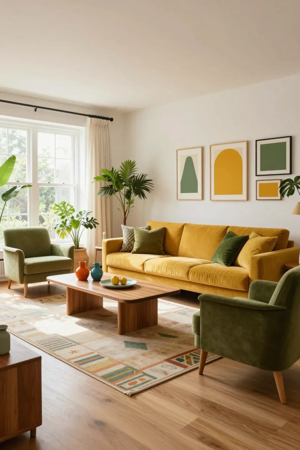 A vibrant living room showcasing mustard yellow and olive green decor elements.