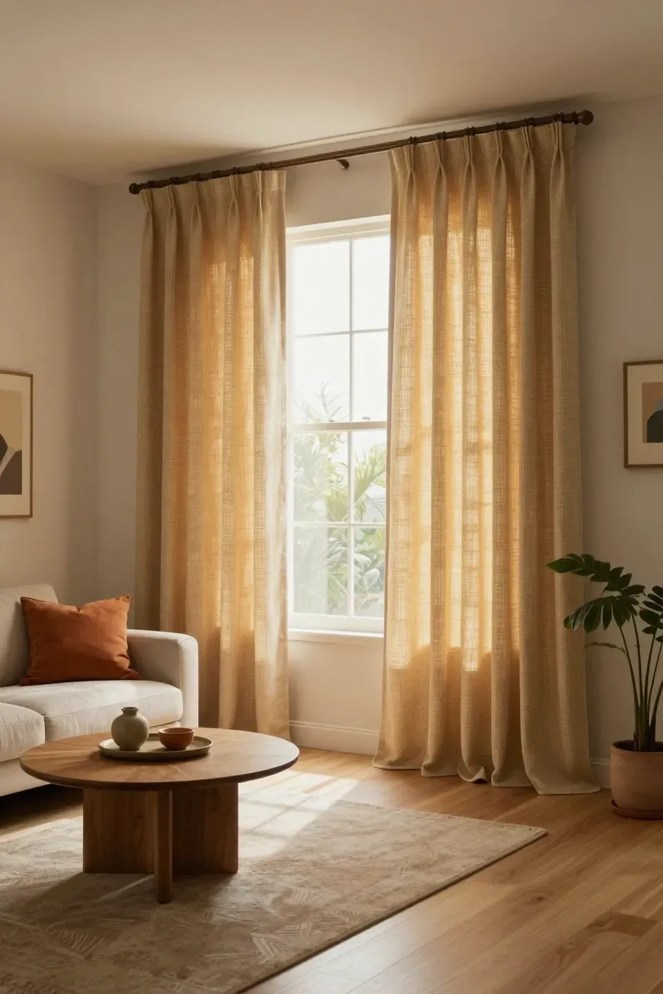 A cozy living room enhanced by textured curtains filtering soft light.