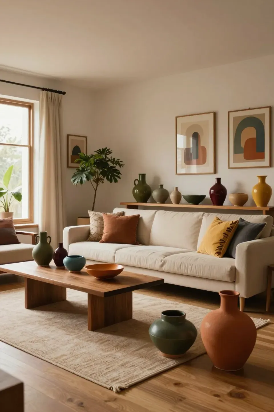 A stylish living room adorned with colorful decorative ceramics.