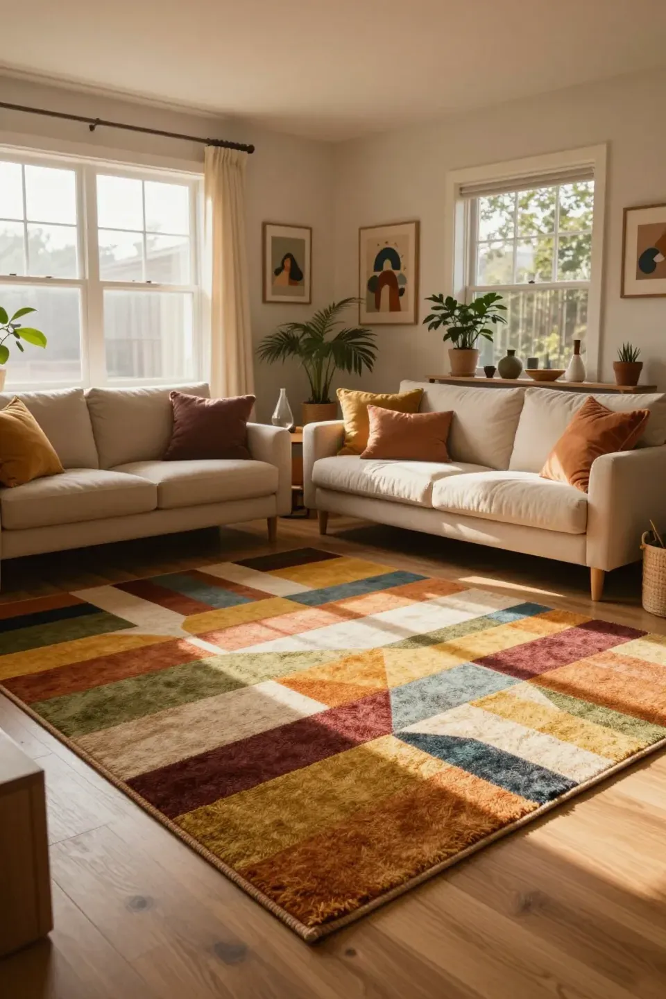 A cozy living room featuring a low-pile geometric rug with bold patterns.