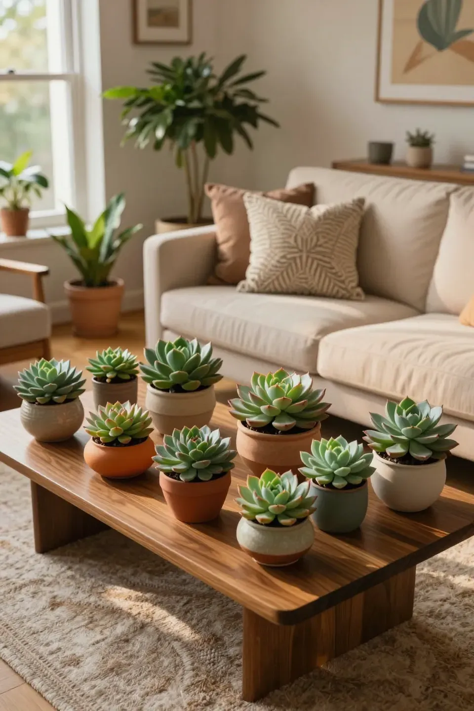 A stylish coffee table adorned with colorful succulent arrangements.