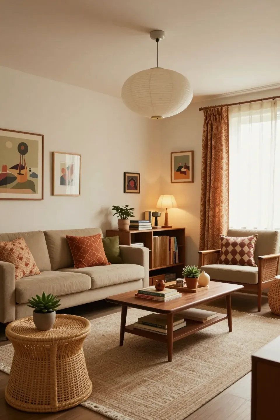 A cozy 1970s-inspired living room featuring rattan accents and warm decor.