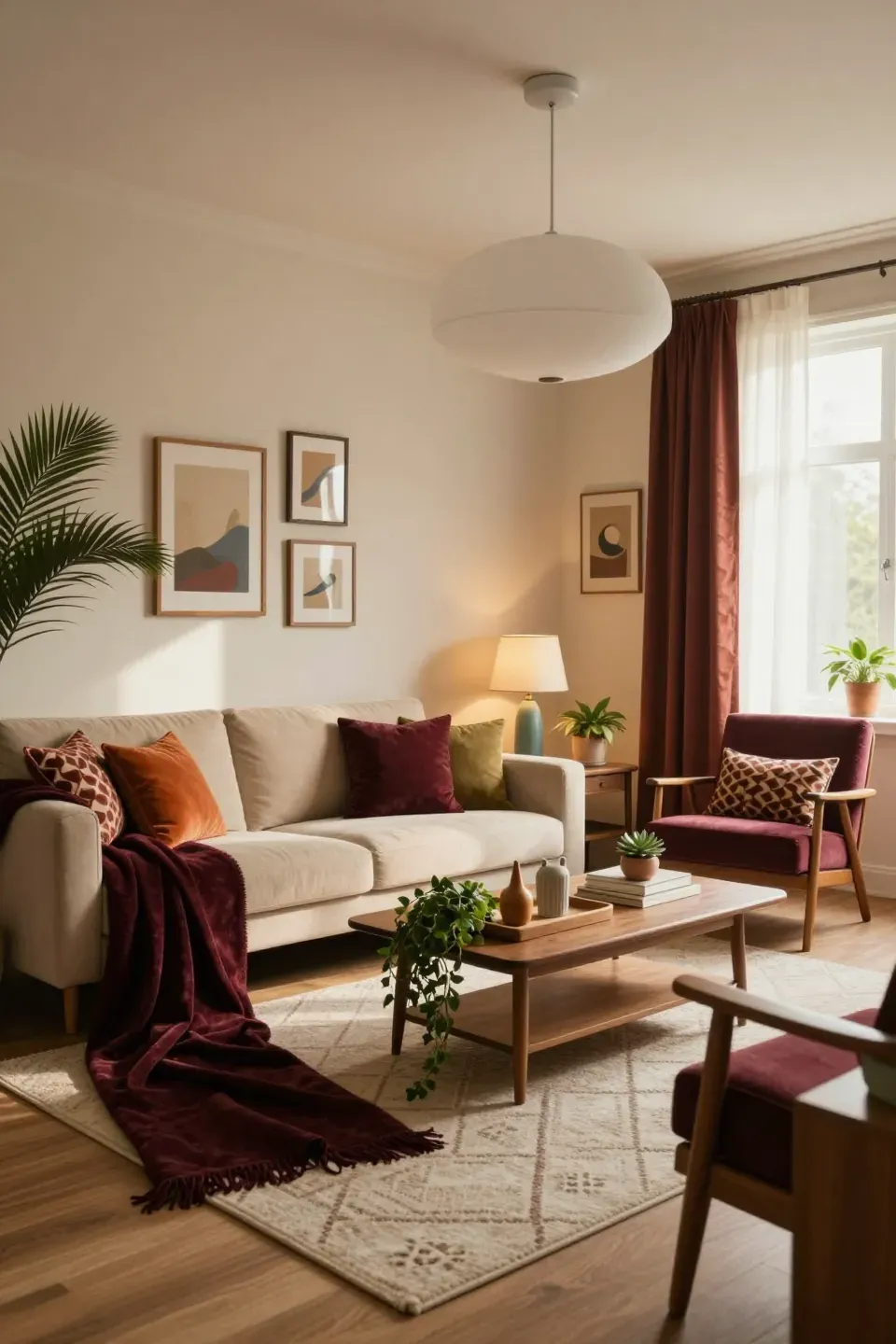 A cozy living room adorned with deep burgundy accents and warm decor elements.