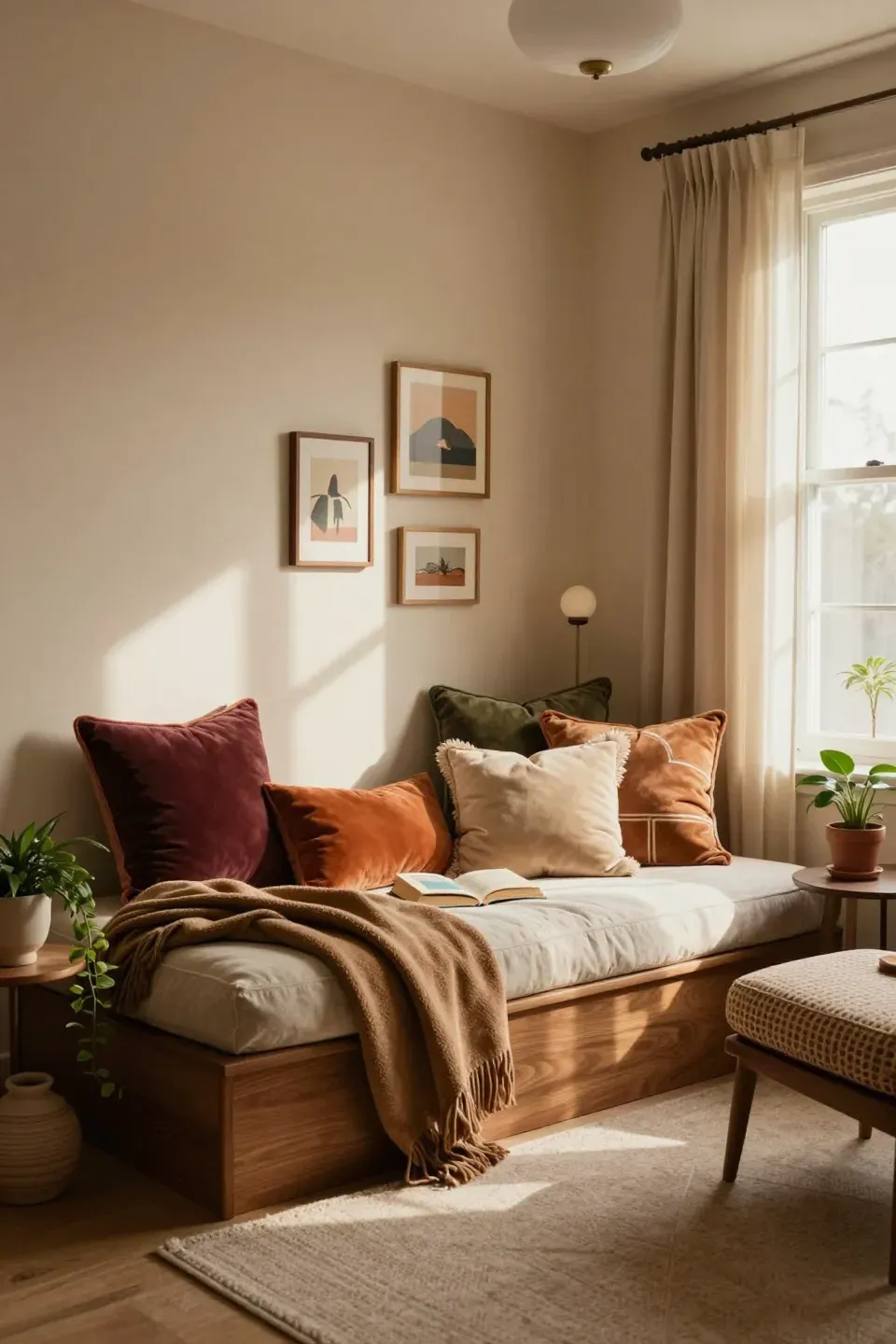 A serene reading nook with layered plush pillows and warm decor elements.