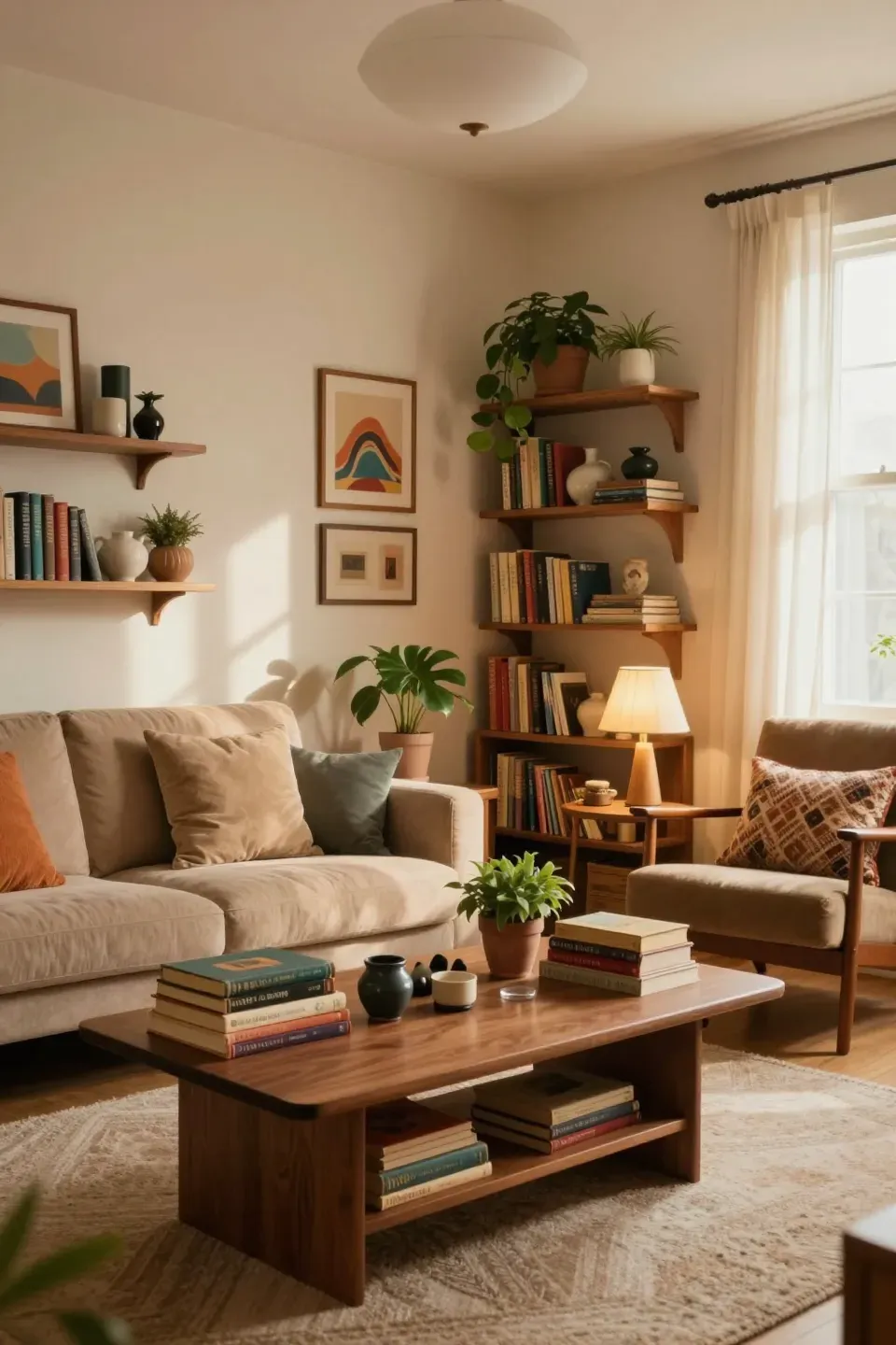 A cozy living room featuring vintage books as decor on shelves and tables.