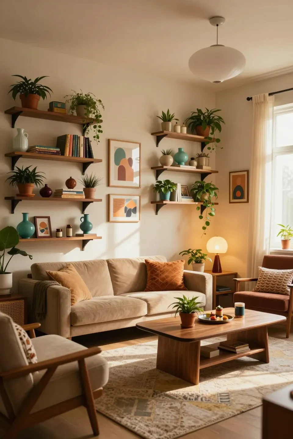 A stylish living room featuring wall shelves filled with decor items and plants.