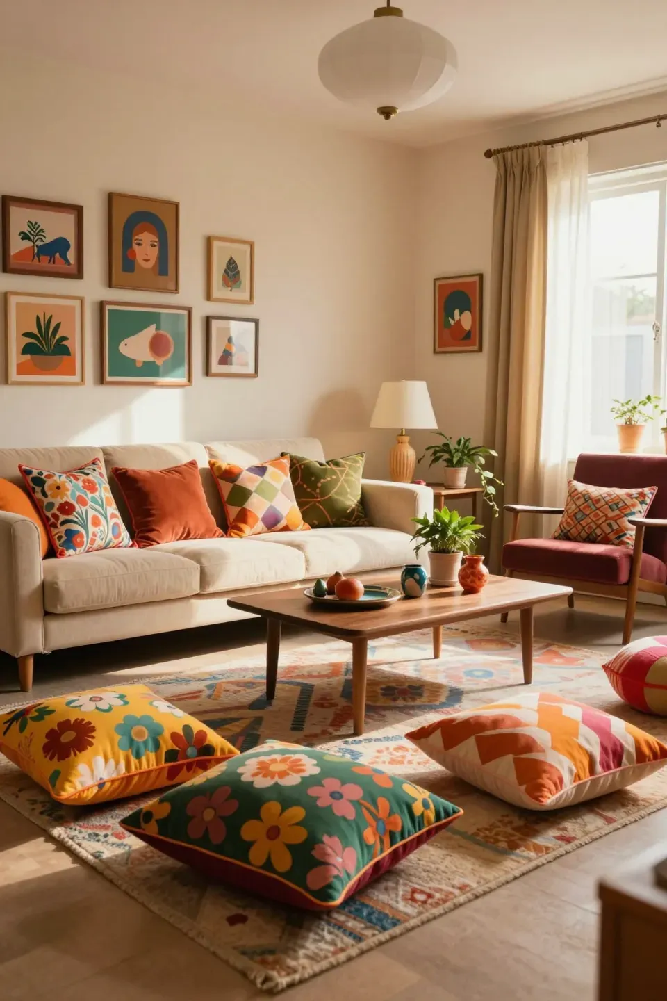 A vibrant living room showcasing eclectic patterns in decor and pillows.