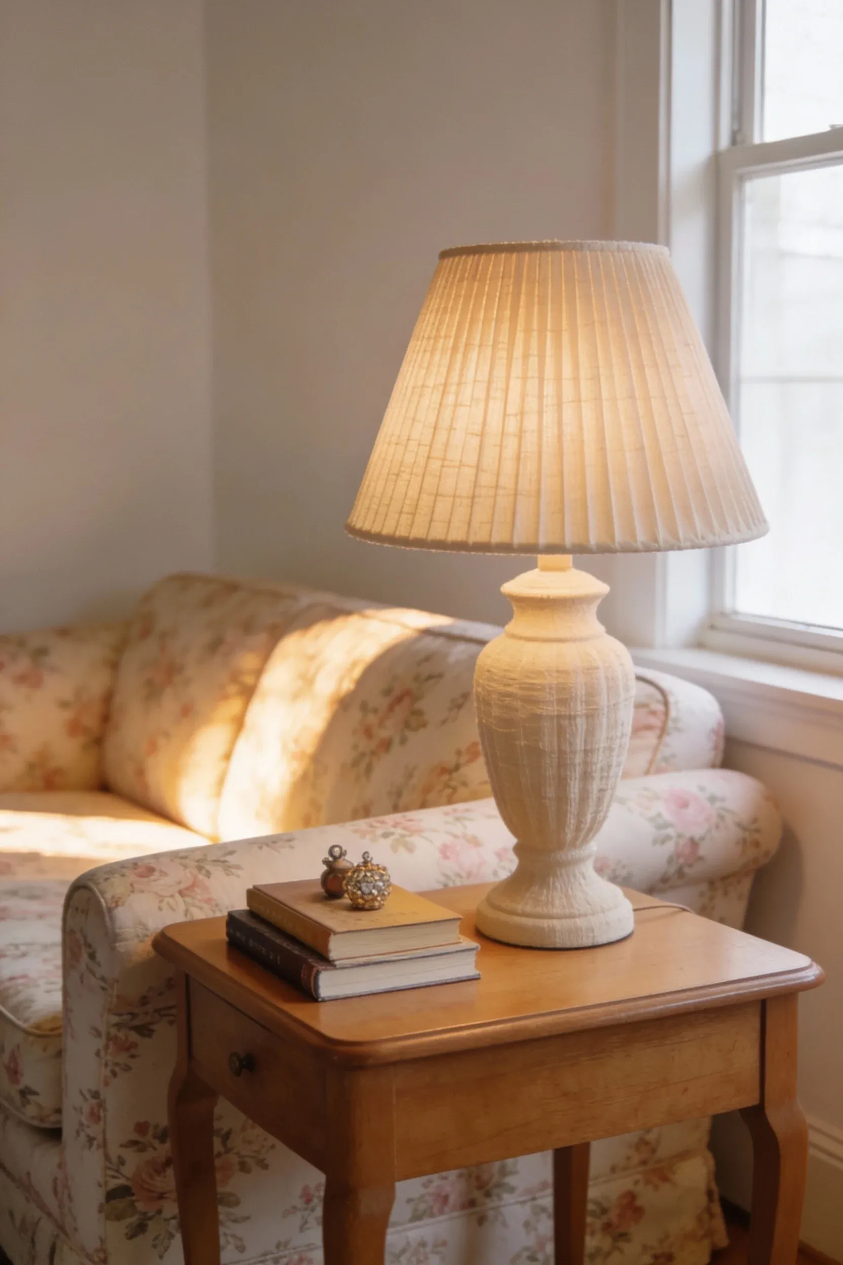 A cozy pleated beige table lamp casting warm light in a late 90s living room.