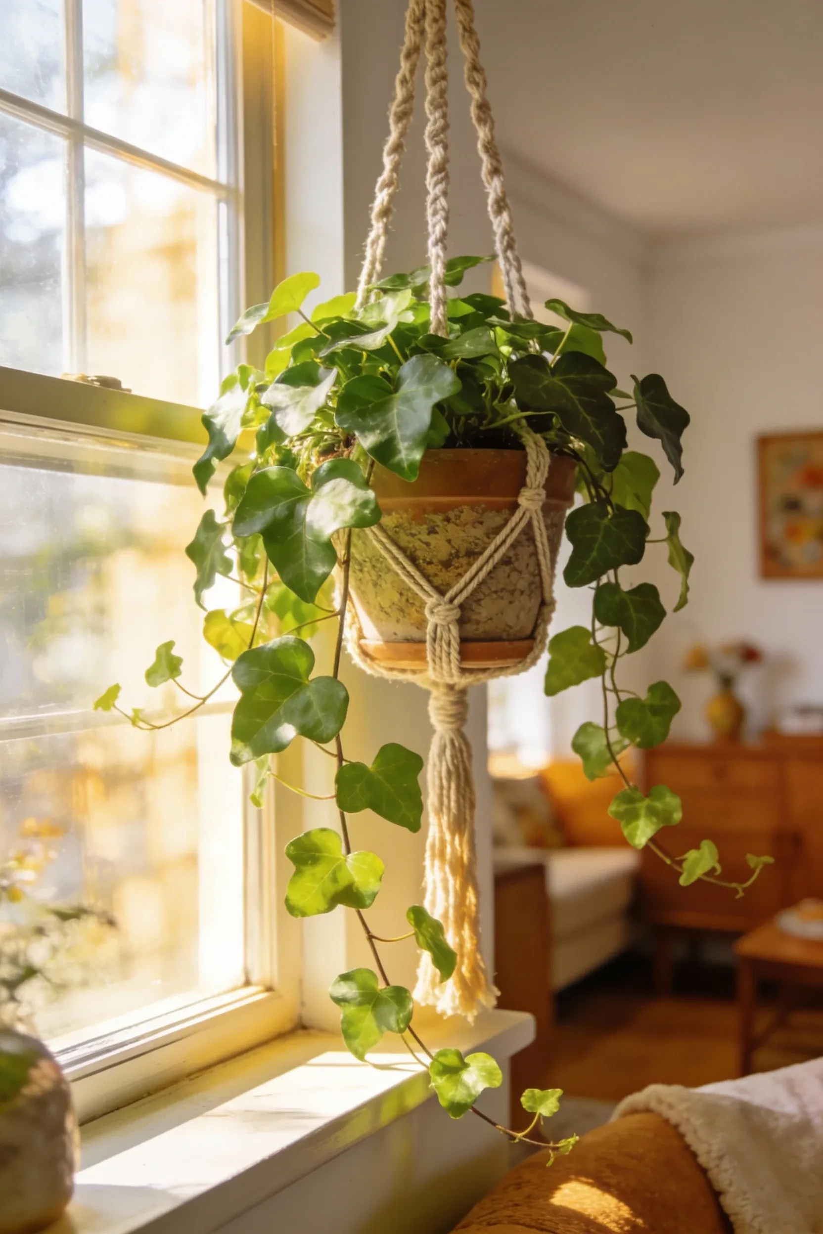A potted ivy plant adding a vibrant touch of greenery to a late 90s living room.