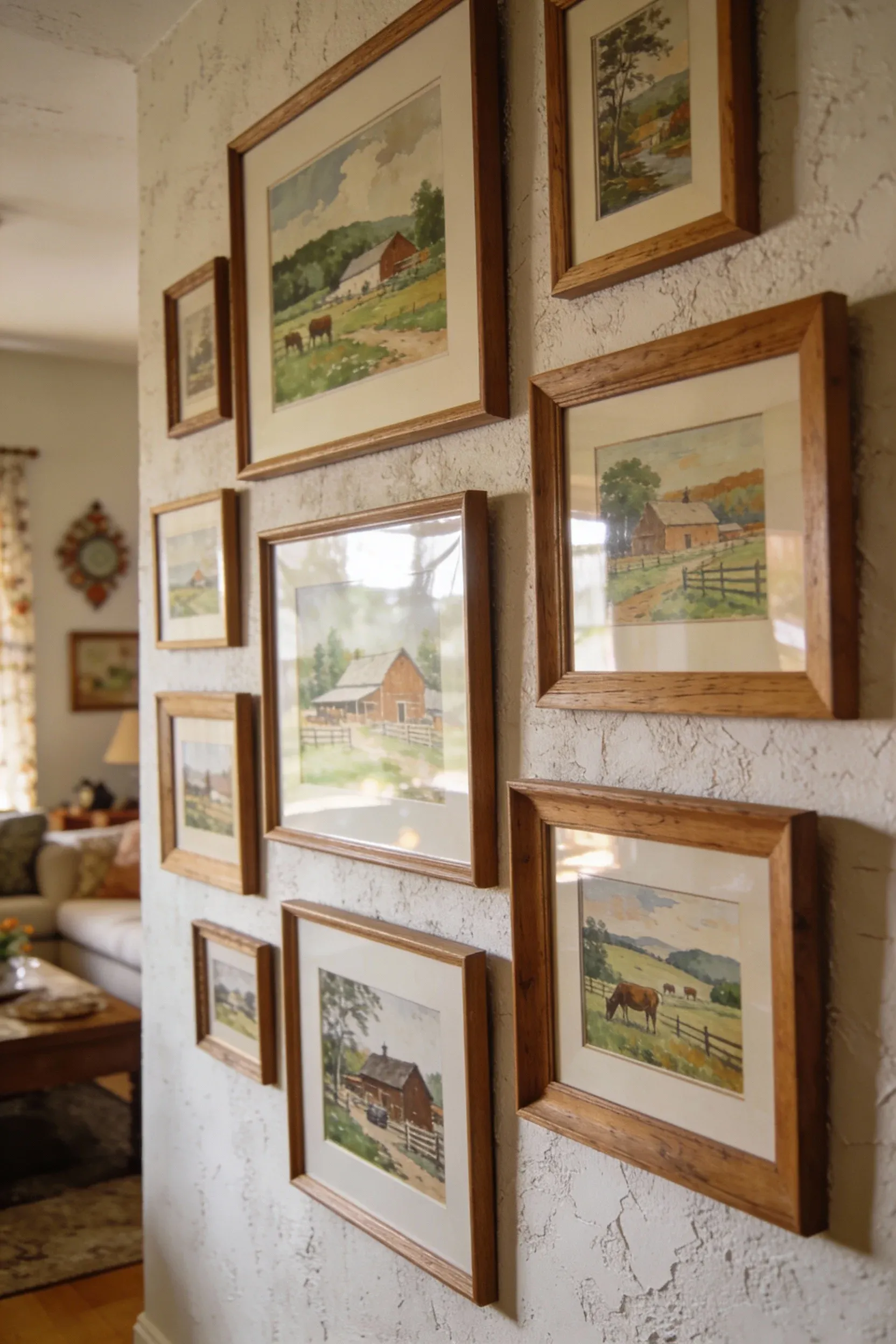 Framed wall art prints depicting country scenes, adding tranquility to a living room.