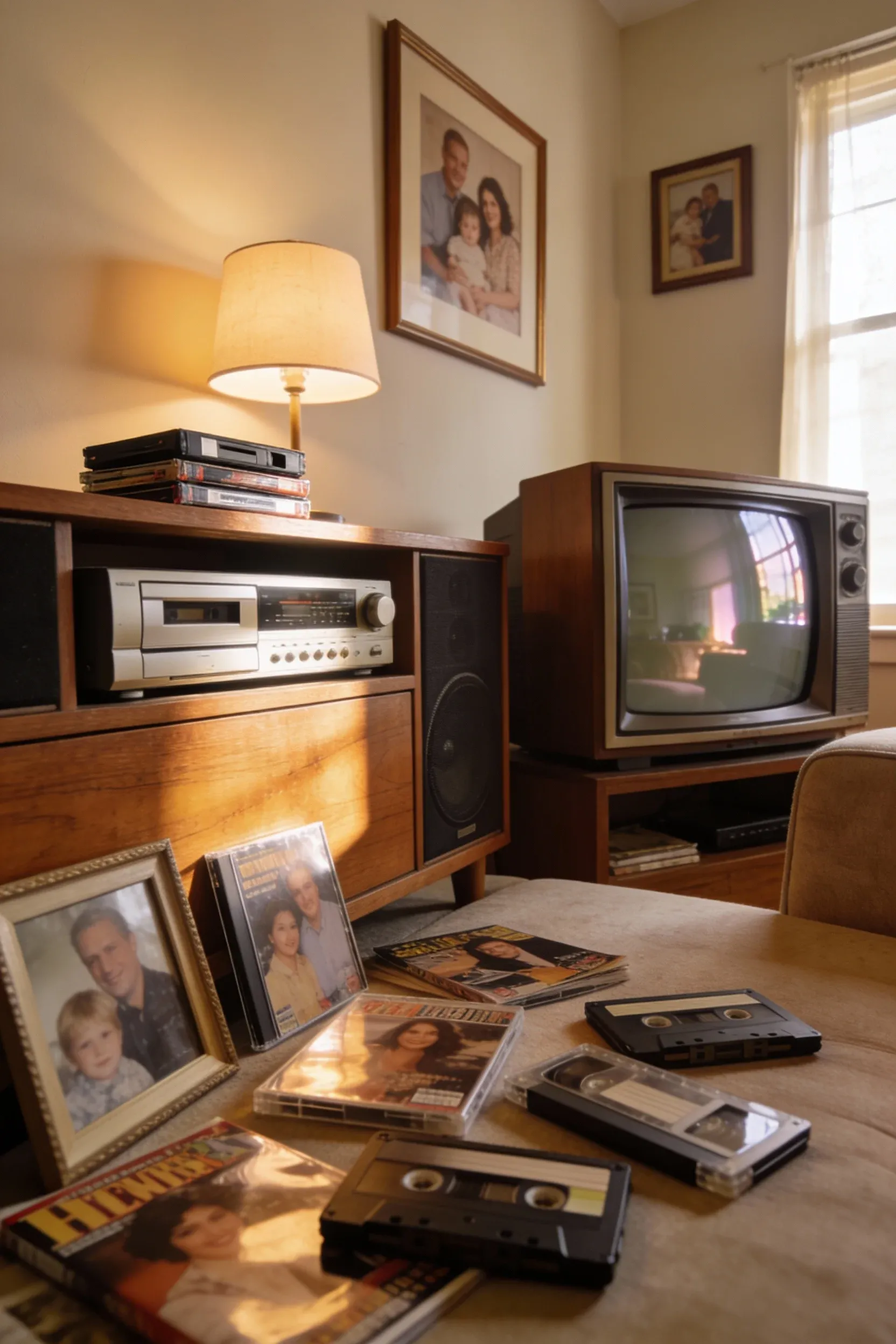 A vintage VCR and stereo receiver on an entertainment console in a cozy living room.