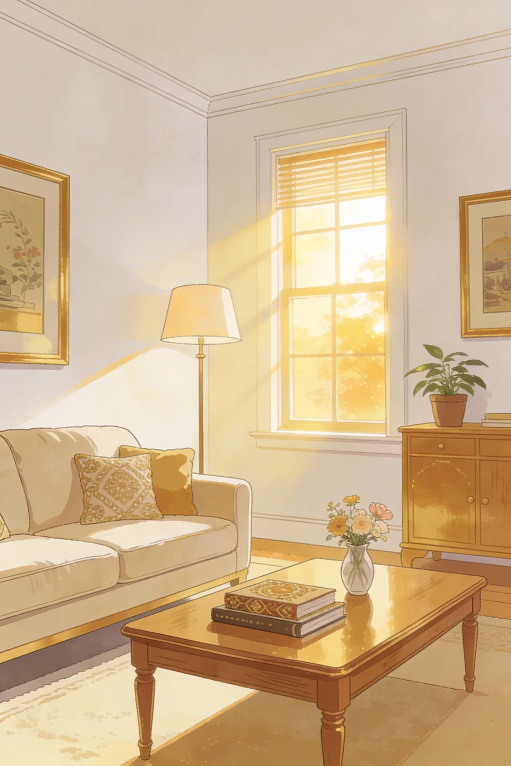 A cozy living room decorated in beige and honeyed gold tones.