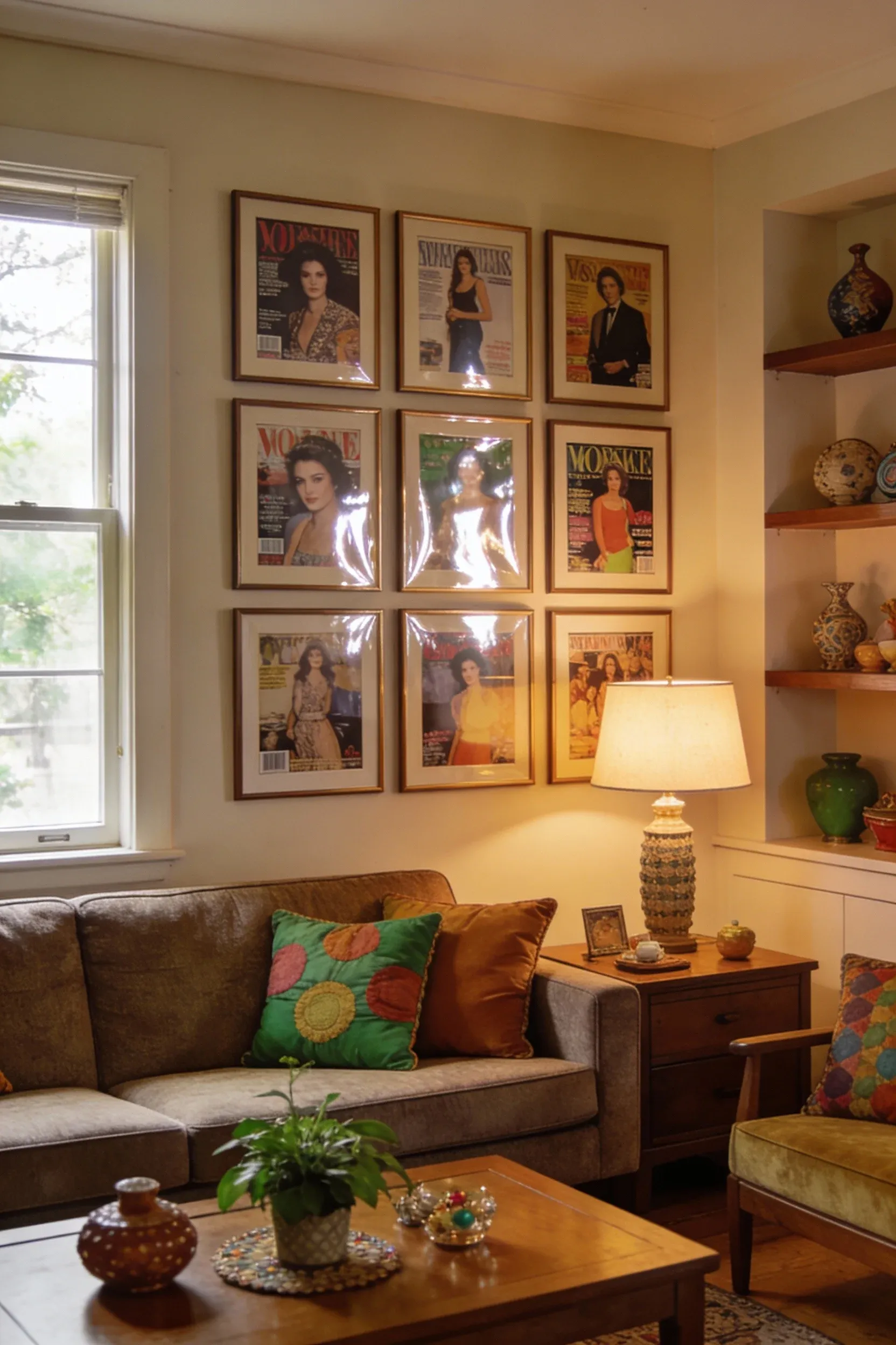 A living room wall decorated with framed glossy magazine covers.