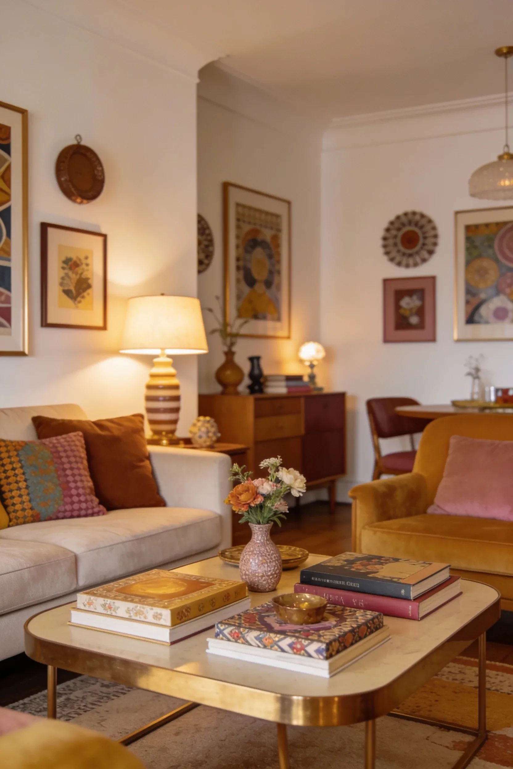 A cozy living room with matte off-white walls and colorful furniture.