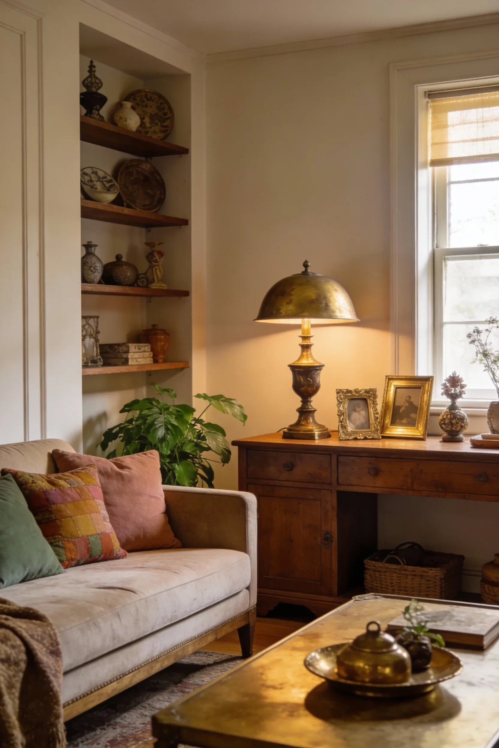 A vintage living room featuring antique brass accents and warm decor.