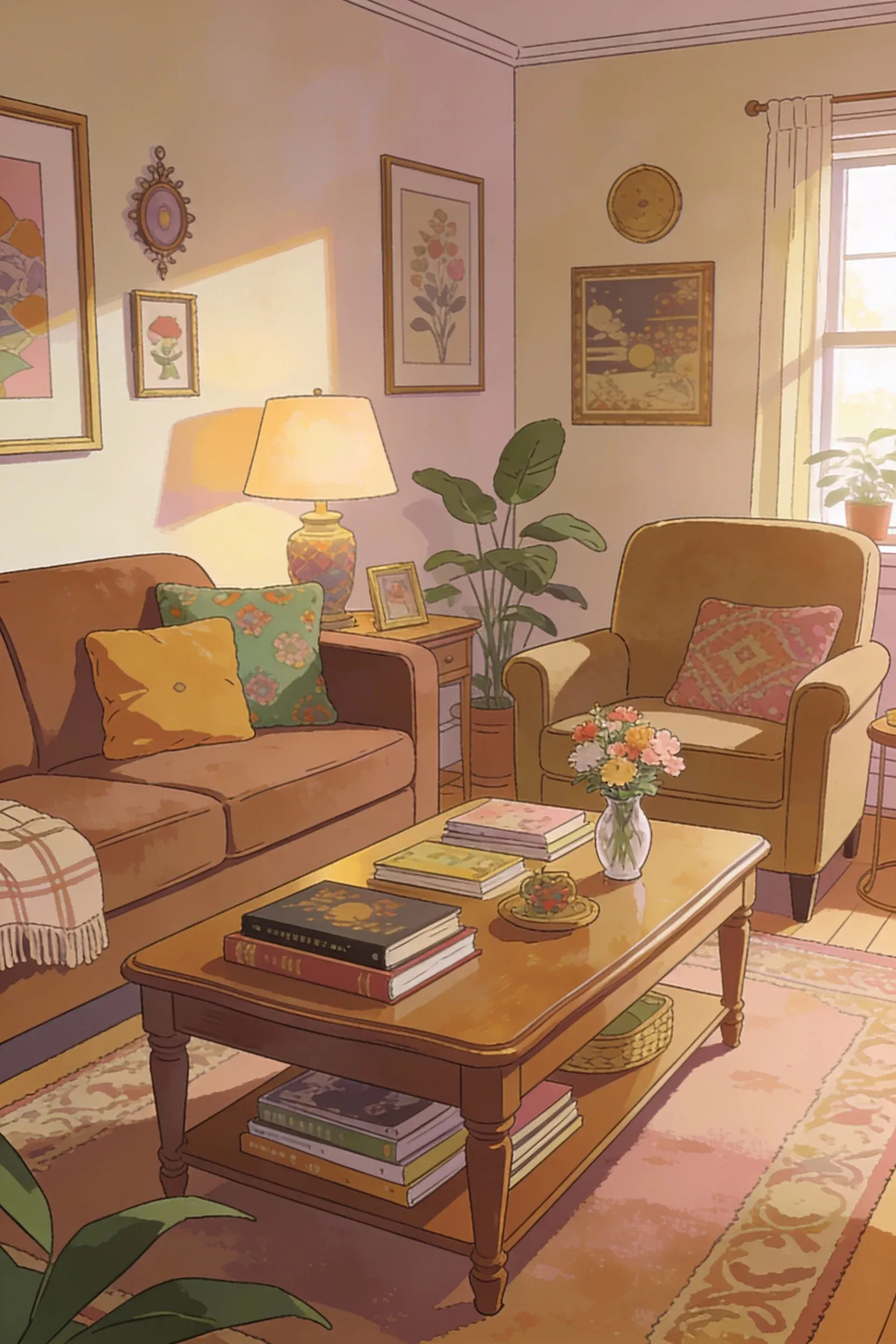 A cozy living room featuring muted brown furniture and warm decor.