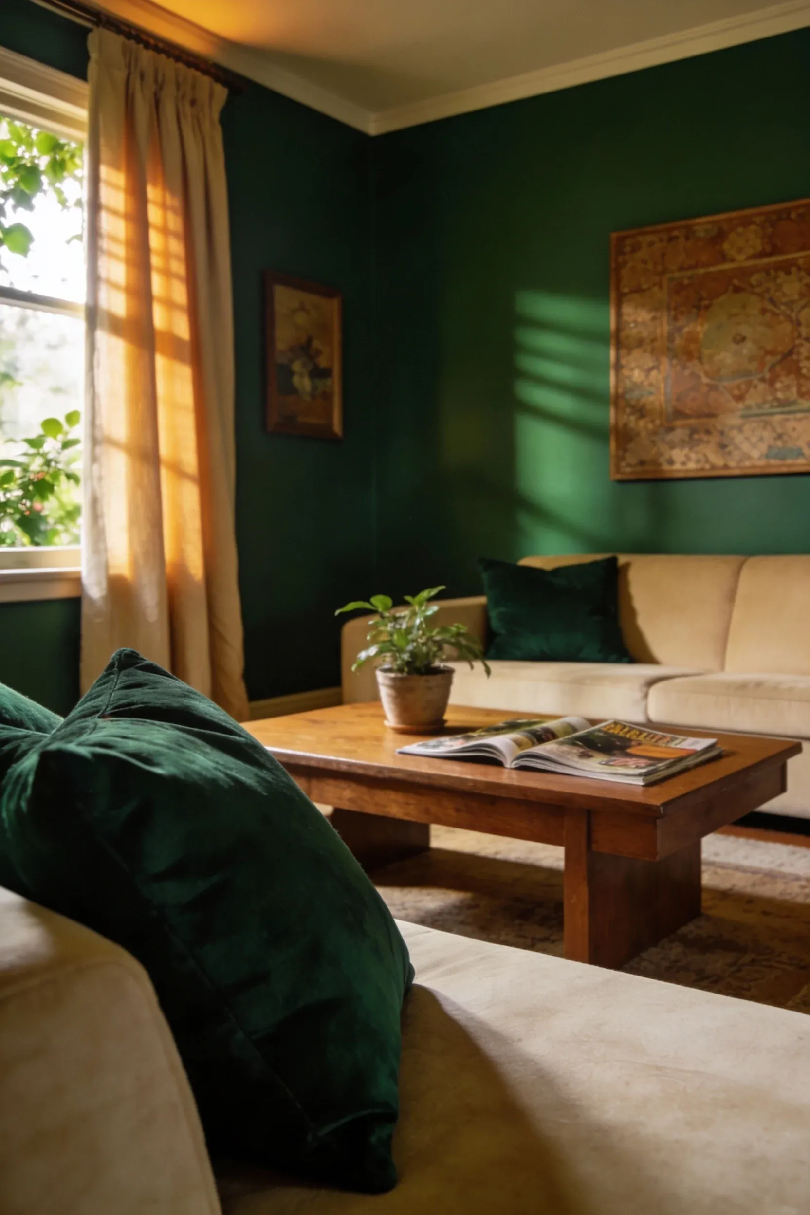 A cozy late 90s living room featuring deep forest green accents in pillows and curtains.