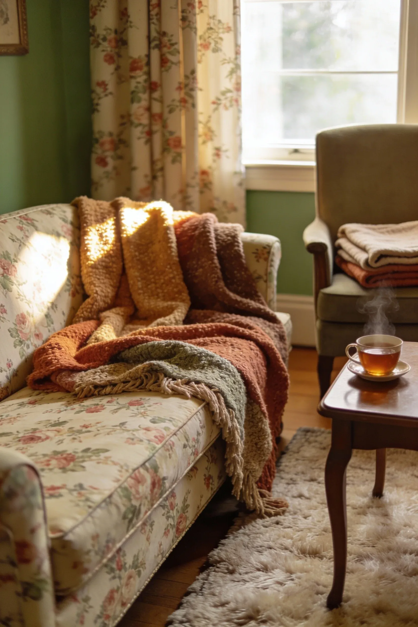 A cozy late 90s living room with floral loveseat and soft throw blankets.