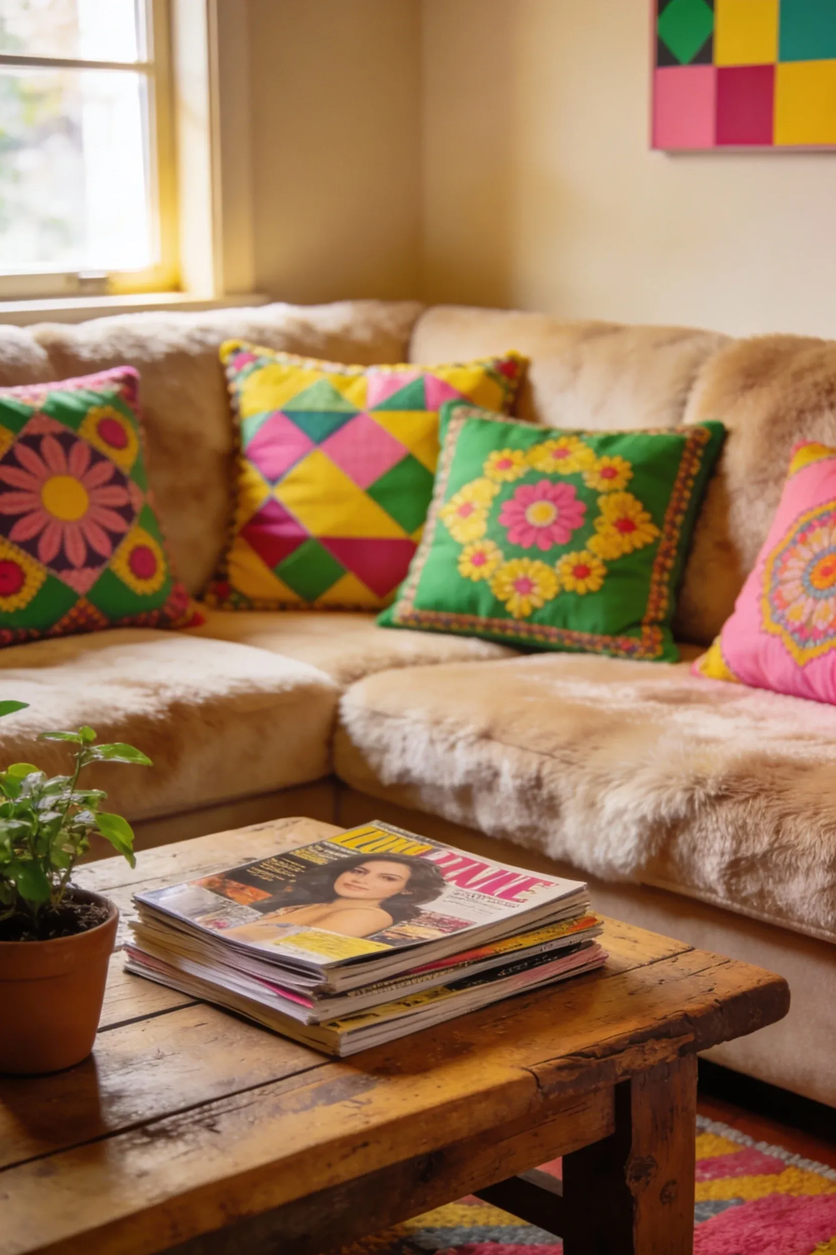A late 90s living room with vintage decorative pillows featuring vibrant patterns.