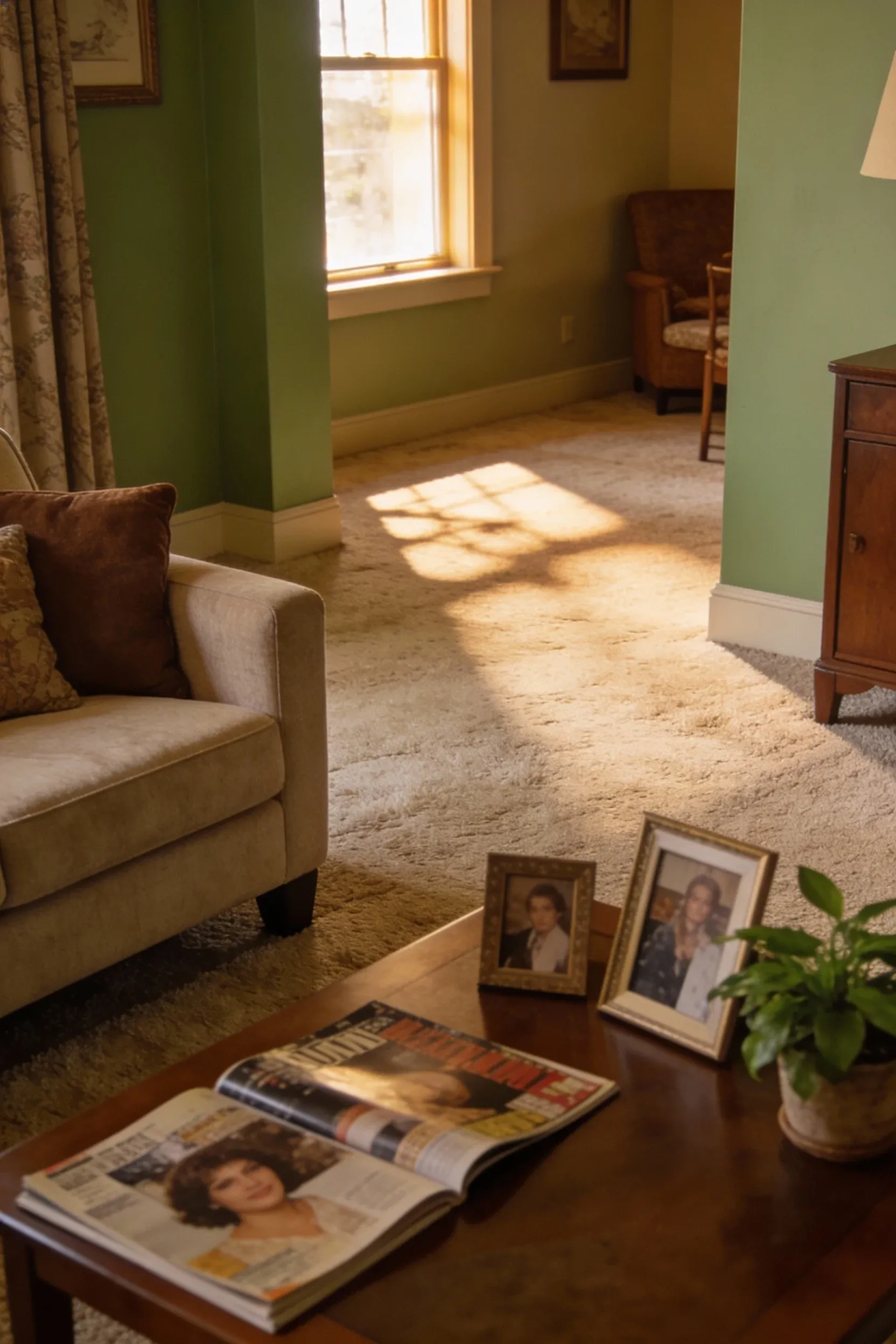 A cozy late 90s living room with soft carpeting and inviting furniture.