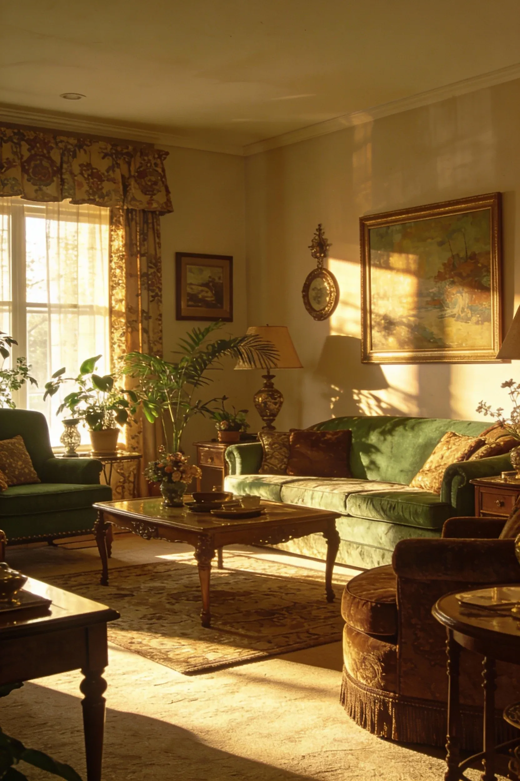 A late 90s living room illuminated by warm golden hour sunlight.