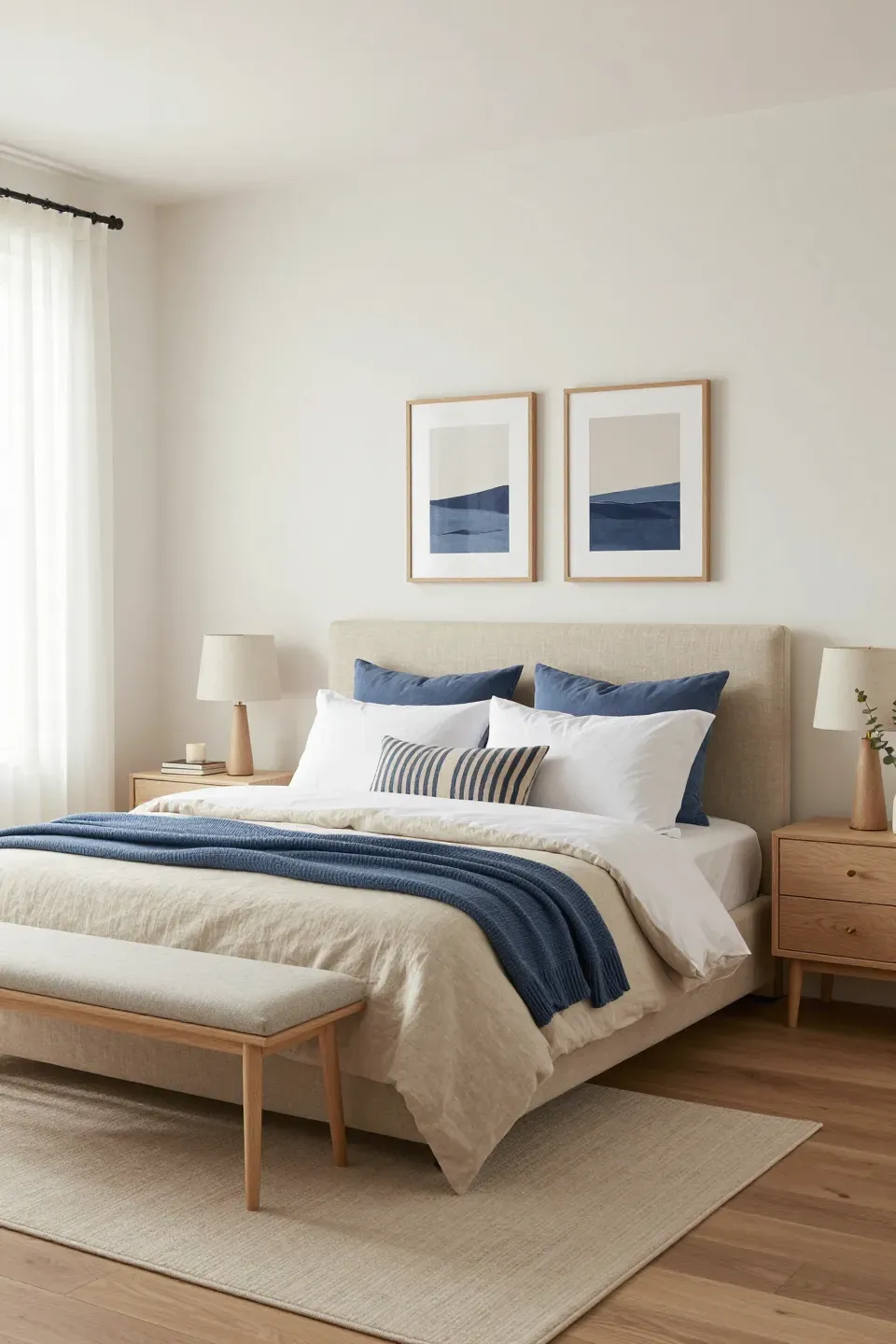 A serene blue and beige bedroom with soft walls and elegant decor.