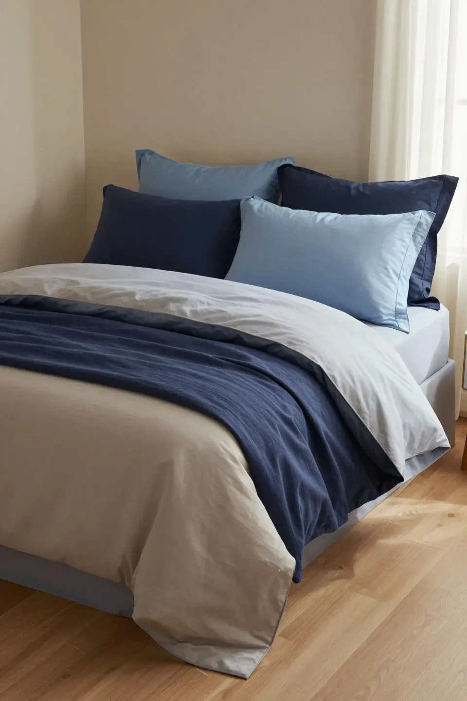 A cozy bedroom with layered warm blue bedding and beige accents.