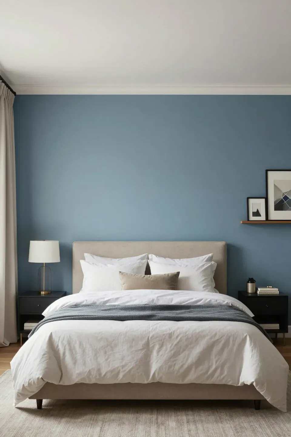 A bedroom with a dusty blue accent wall and beige decor elements.