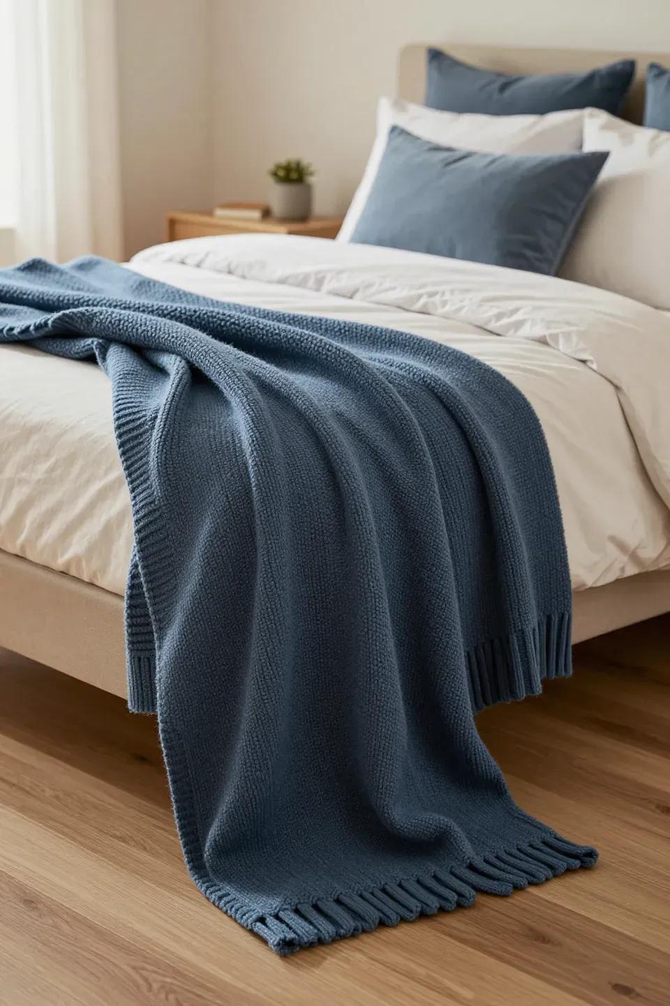 A cozy bedroom with blue textured throws adding warmth and comfort.