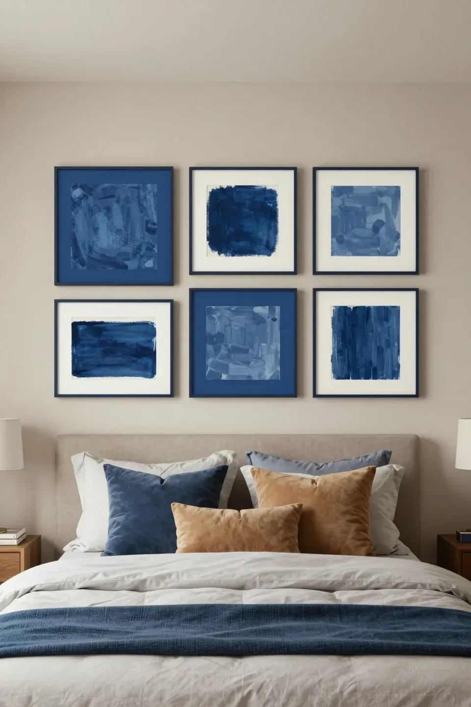 A bedroom featuring blue and tan artwork displays adding personality.