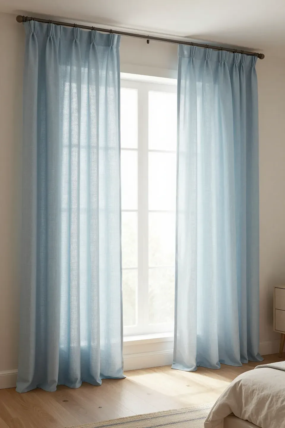 A bedroom with soft blue drapery elegantly framing the windows.