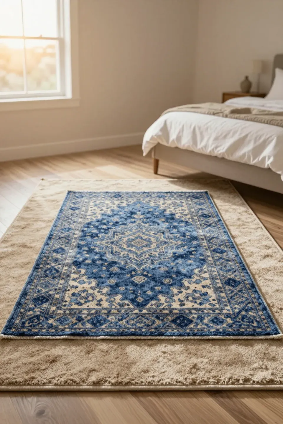 A cozy bedroom featuring layered beige and blue rugs, creating a warm atmosphere.