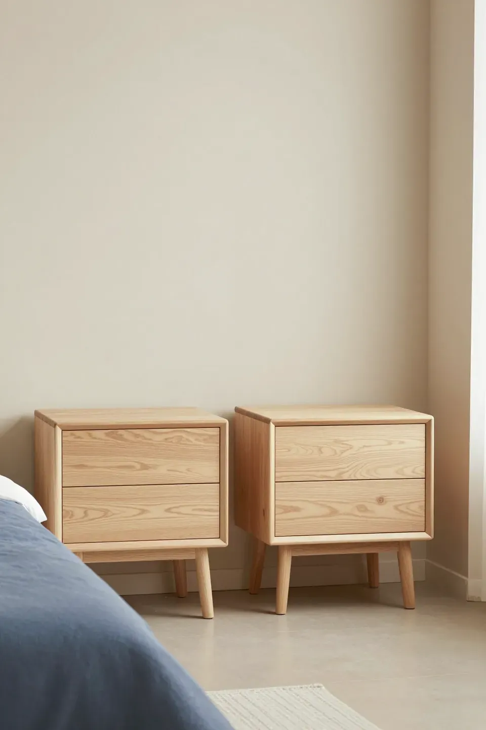 A serene bedroom with minimalist light wood nightstands beside a neatly made bed.