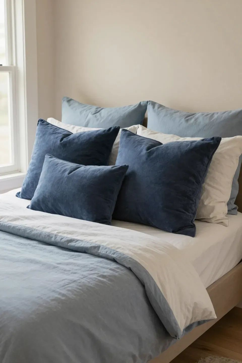 A cozy bed adorned with dusty navy throw pillows in a serene bedroom setting.