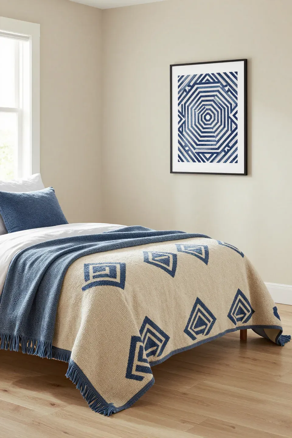 A modern bedroom featuring geometric patterns in beige and blue for a stylish look.
